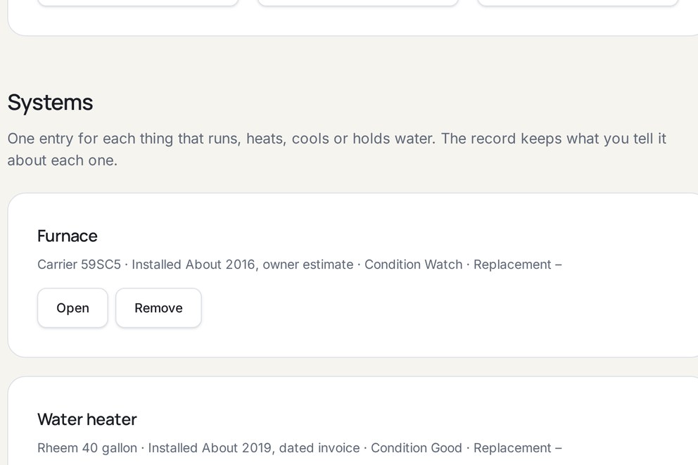 The HomeWisers systems screen listing a furnace and a water heater with make, age and condition