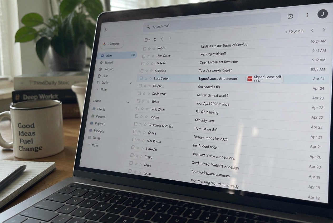 A laptop showing a crowded email inbox with a PDF attachment