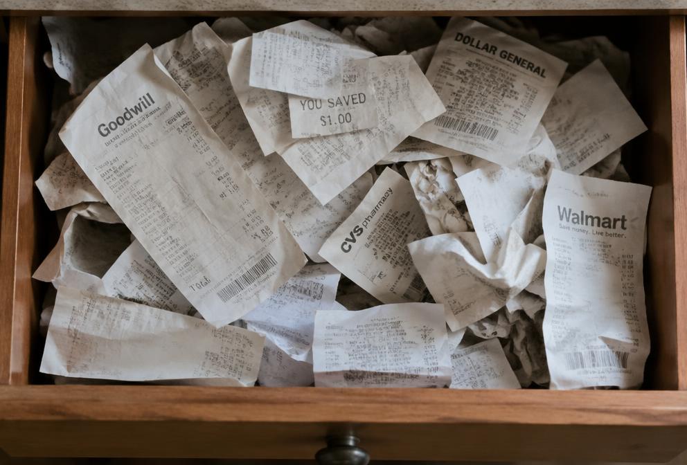 A drawer full of loose paper receipts
