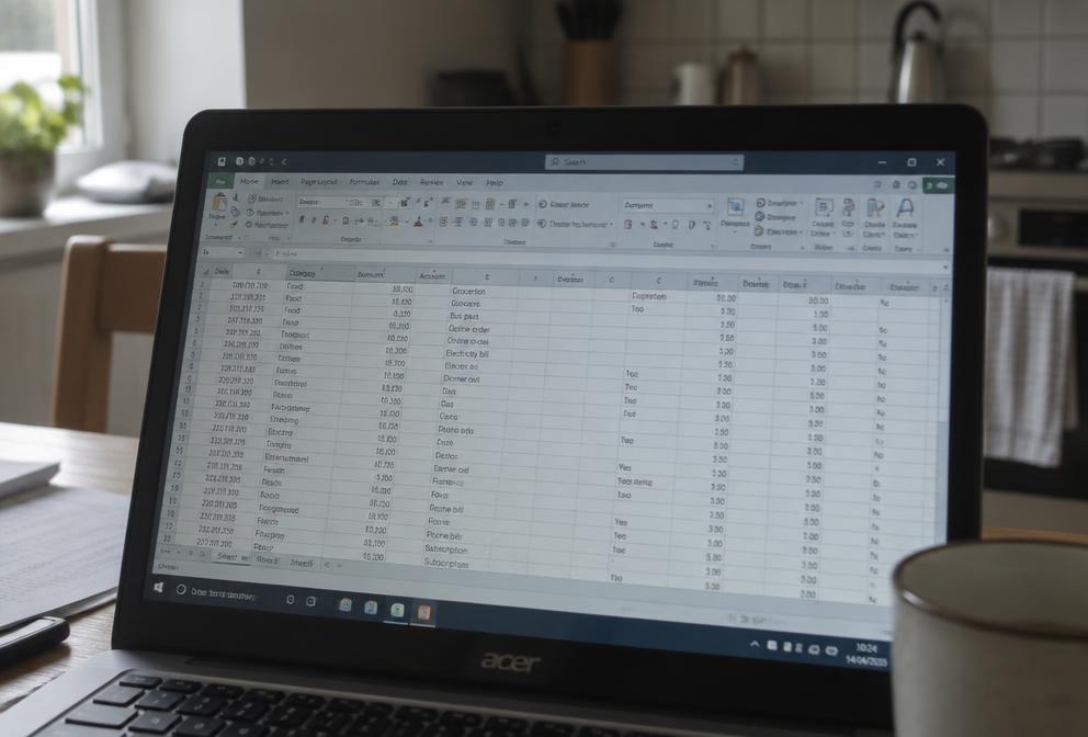A laptop on a kitchen table showing a spreadsheet of numbers