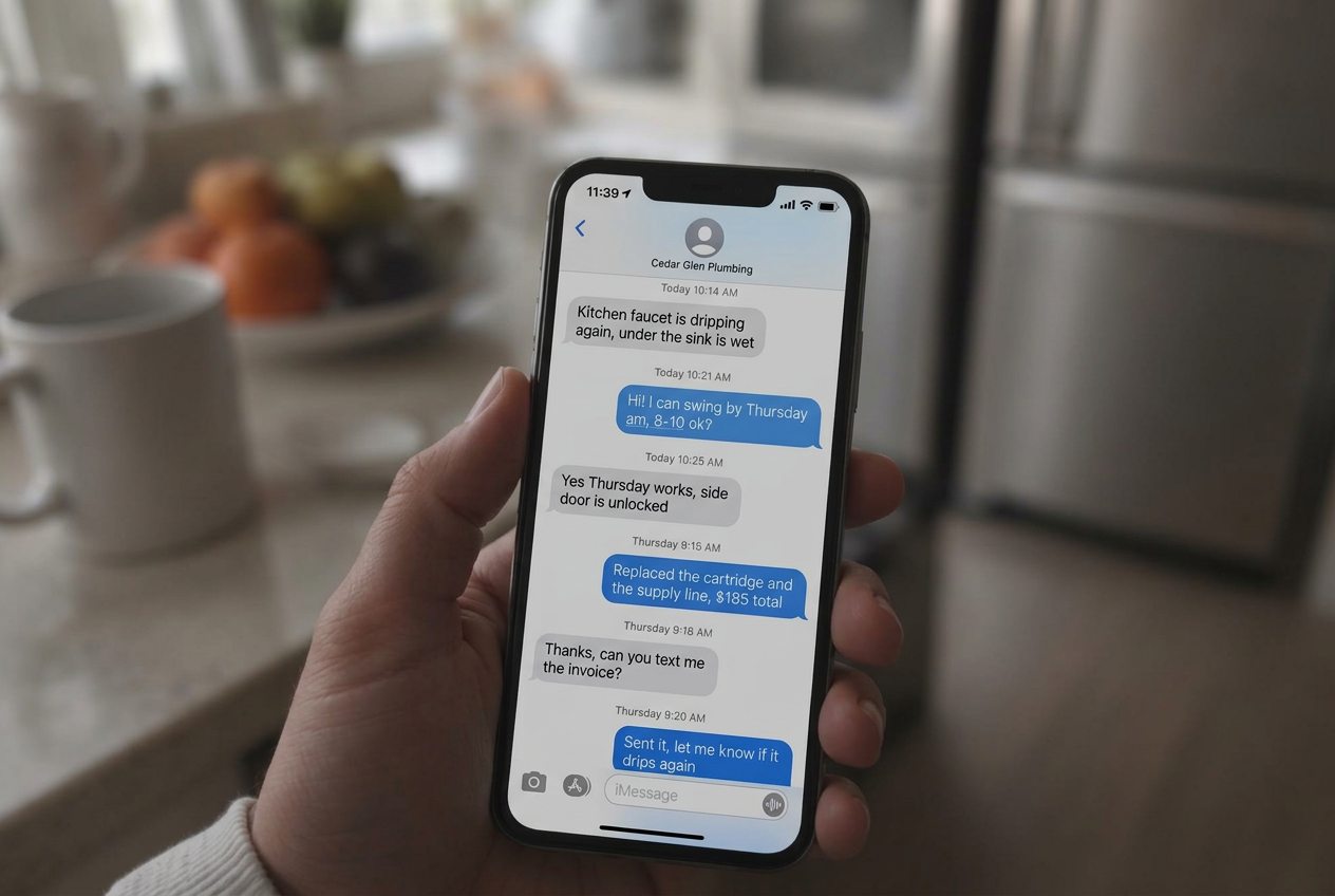A hand holding a phone showing a long text message thread